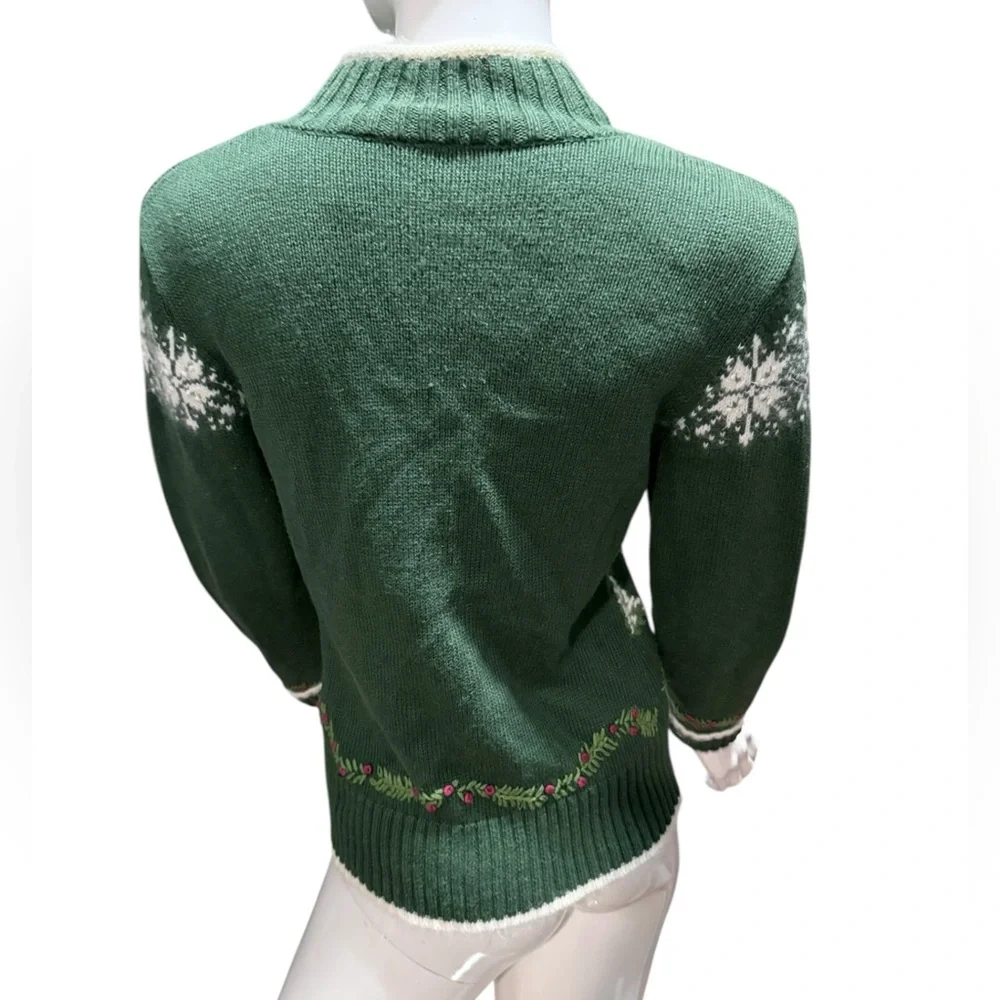 Vintage Green winter‎ zip cardigan Sweater trees wool ramie rabbit fur trim XS
